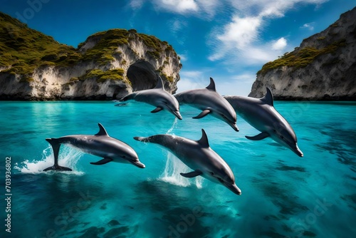 A group of dolphins leaping joyfully in the crystal-clear waters surrounding the island, framed by a picturesque seascape. © Usama