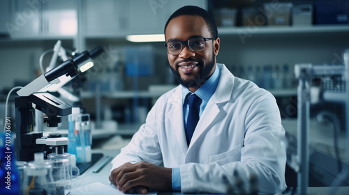 Scientist using a microscope in a laboratory setting