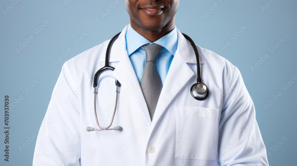 Smiling doctor wearing a white lab coat with a stethoscope around his neck, standing confidently against a colored background. Smiling doctor wearing a white lab coat with a stethoscope around his neck, standing confidently against a colored background.