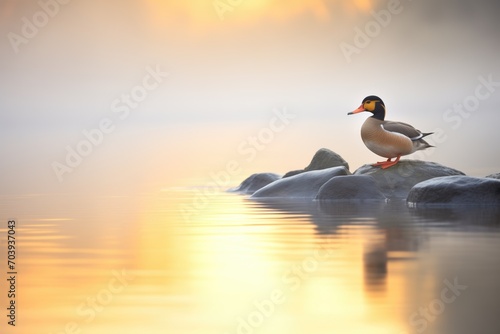 mallard duck on misty lake at sunrise photo