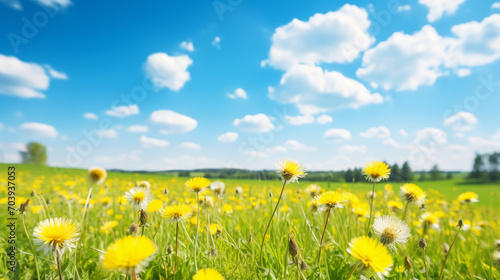 Beautiful meadow field with fresh grass and yellow dandelion flowers in nature against a blurry blue sky with clouds, Ai generated image