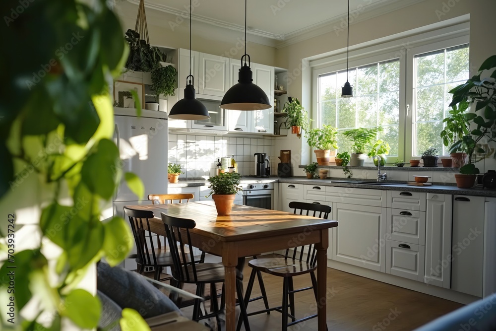 Interior of a Scandinavian style kitchen with dining table. 