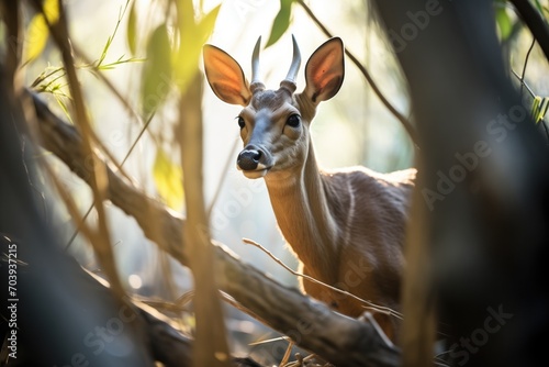 sunlight filtering onto a duiker through branches photo
