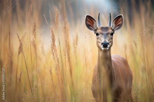 a grey duiker standing alert among tall grasses