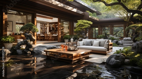 Modern Asian house with indoor courtyard and reflecting pool