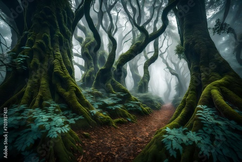 A network of winding trails through a mystical forest on the island, shrouded in mist and surrounded by ancient trees.