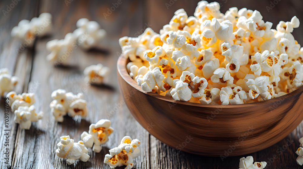 A wooden bowl of salted popcorn at the old wooden table. Dark background. selective focus A wooden bowl of salted popcorn at the old wooden table. Dark background. selective focus