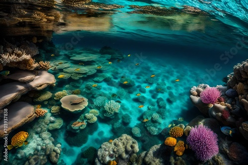 A hidden cove with crystal-clear water,  a vibrant underwater world with coral gardens and exotic fish. © Usama