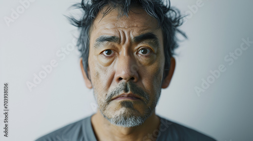 A middle-aged Japanese man who looks geeky and unkempt lacking energy photo