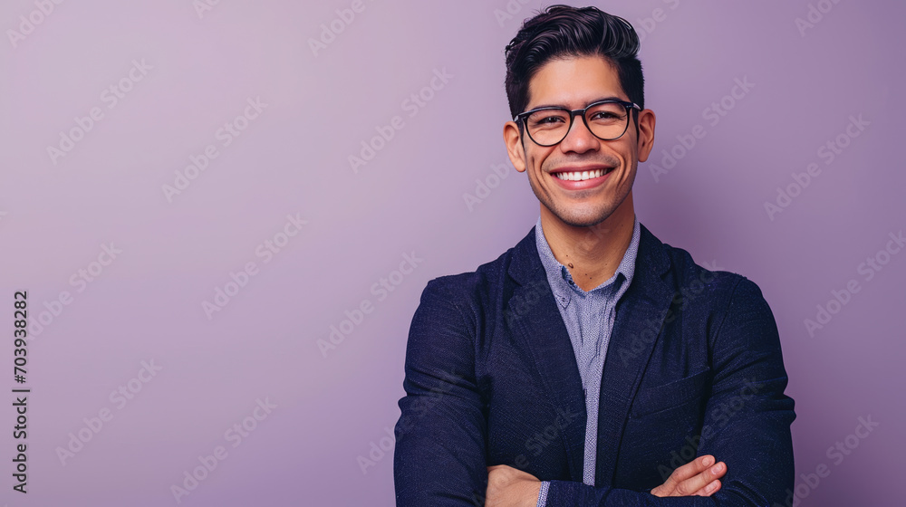 Man is smiling and standing confidently with his arms crossed, set against a plain purple background Man is smiling and standing confidently with his arms crossed, set against a plain purple background