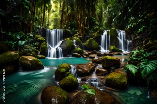 A secluded waterfall hidden within a lush tropical forest, surrounded by vibrant greenery and the soothing sound of flowing water.