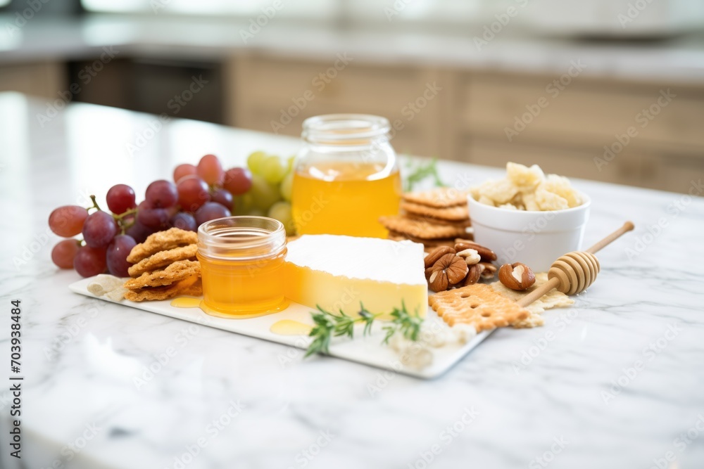 cheese platter with grapes, honey, and crackers on a marble board cheese platter with grapes, honey, and crackers on a marble board