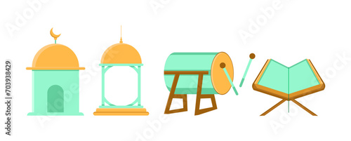 Mosque, lanterns, open holy quran and islamic drums Flat style graphic elements. Islamic modern icon symbol on White background. Vector illustration