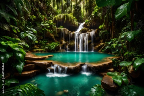 A lush  tropical paradise with waterfalls cascading into a pristine emerald pool surrounded by vibrant flora.