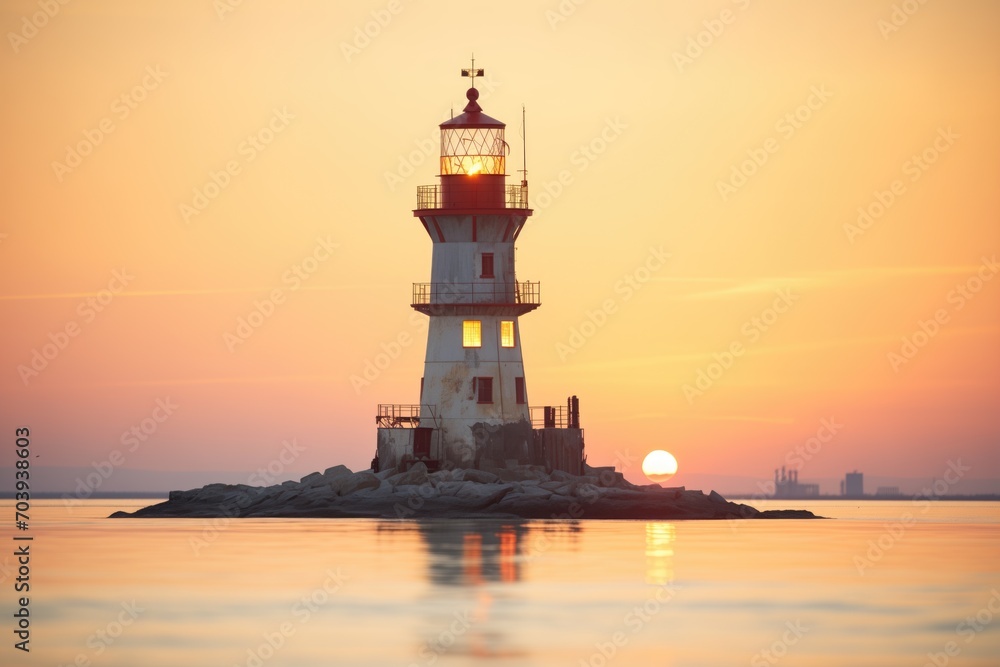 sun setting behind lighthouse without lights