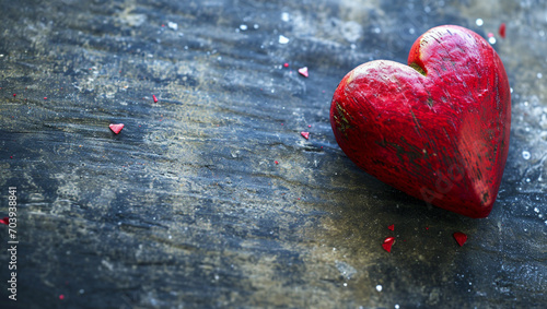 One red heart on a wooden-stone background. A realistic element that denotes love  health  care for yourself and loved ones. Valentine s Day.