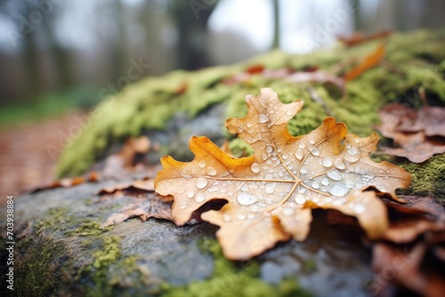 silver thaw on oak leaf lying on stony trail photo