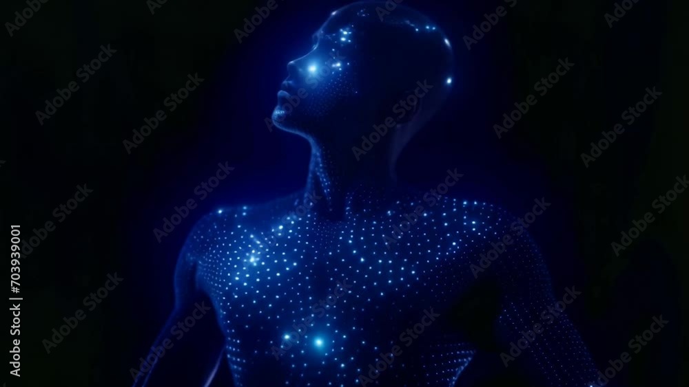 blue neon lights forming a futuristic human body on black background
blue neon lights forming a futuristic human body on black background