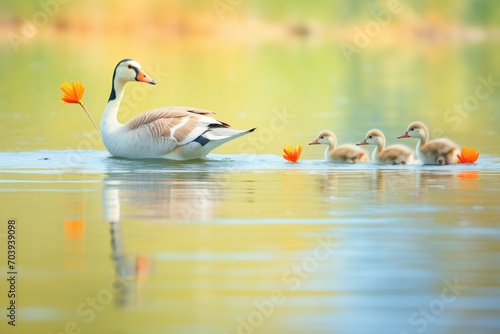 geese family crossing a serene pond