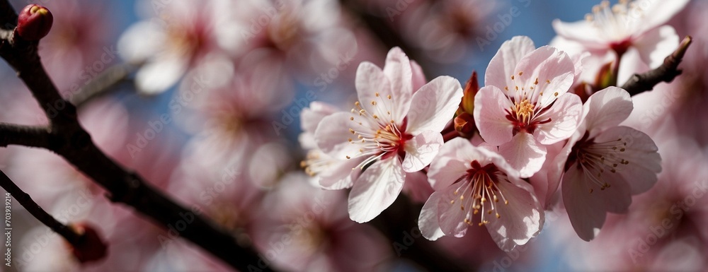 Cherry blossom in close-up. Beautiful delicate spring flowers. The flower is sakura. Flowers for postcards, greetings, weddings, holidays. Flowers in close-up with rays of light. Nature wallpaper.