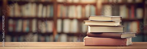 back to school concept. stack of books over wooden desk in front of library. photo