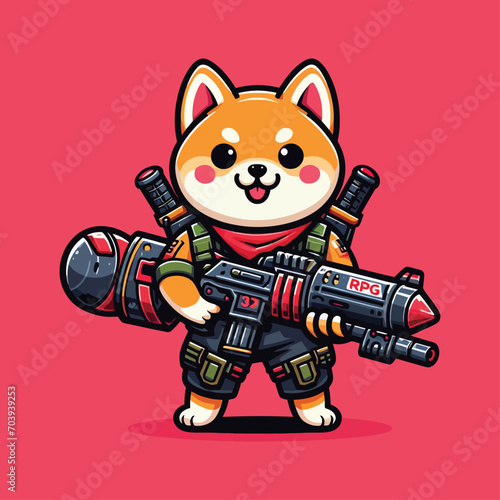 Cute Shiba Army with Rocket RPG cartoon mascot vector illustration