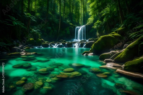A serene waterfall flowing gracefully from the summit of emerald mountains  its pristine waters cutting through a dense  untouched forest below. Captured with stunning clarity and vivid colors.