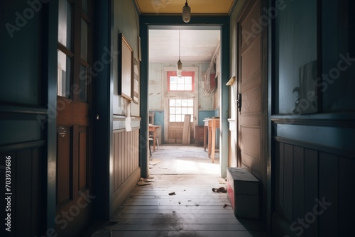abandoned house hallway with doors ajar leading to darkness © studioworkstock