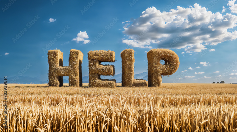 the word "HELP" written with bales of straw in a mown field. - obrazy, fototapety, plakaty 