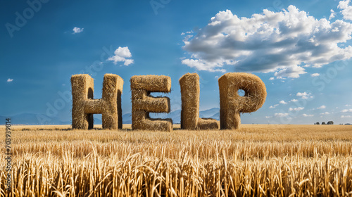 the word "HELP" written with bales of straw in a mown field.