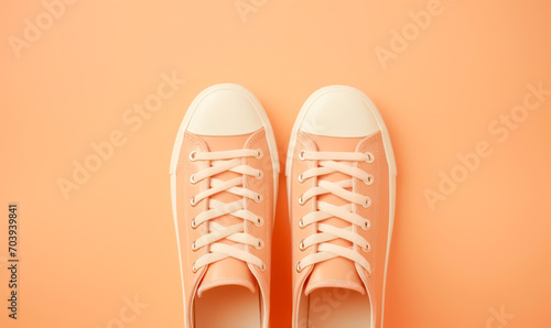 a pair of shoes , top view , in peach pastel color on matching the background 