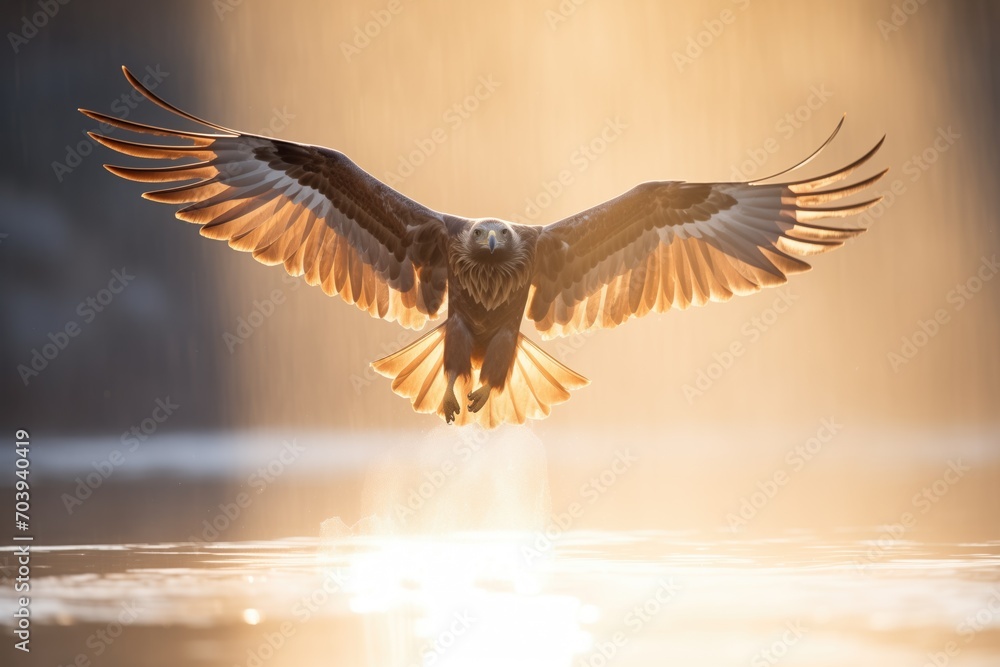 Obraz premium sunbeam lighting golden eagle on misty morning
