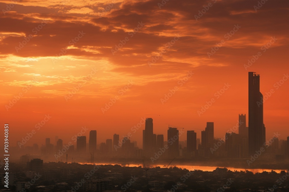 Cityscape marred by morning smog, orange sky battling pollution.