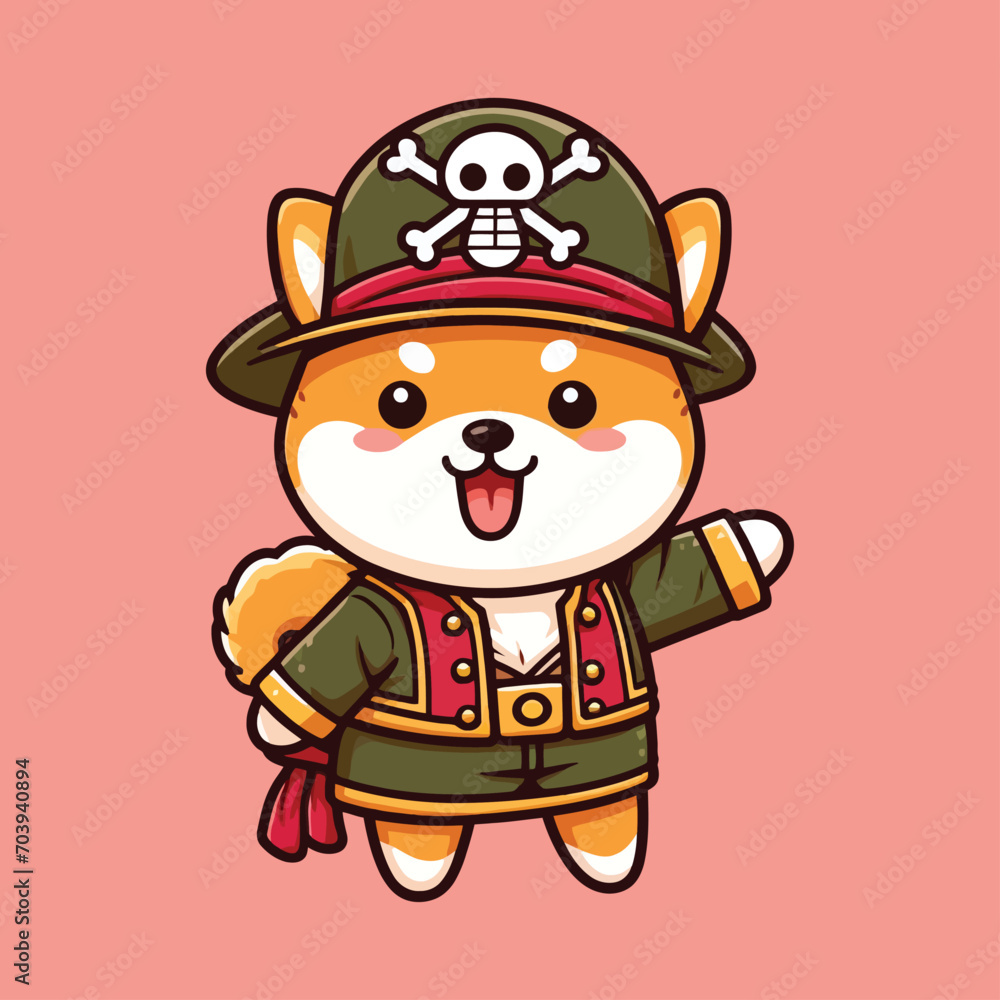 Obraz premium Cute Shiba Inu Dog The Pirates and wearing pirate hat cartoon mascot vector illustration