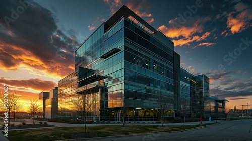 Corporate Building Exterior at Dusk