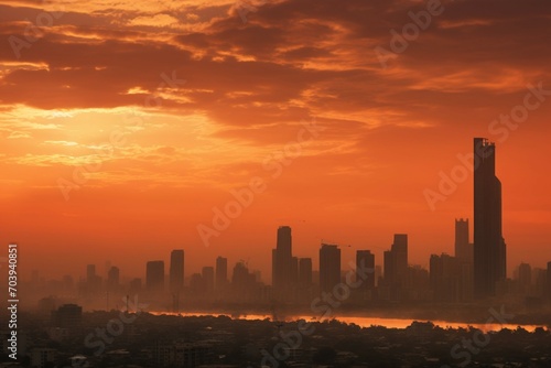 Cityscape marred by morning smog, orange sky battling pollution.