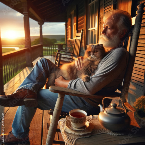 A Scottish Fold cat with a senior on a porch, enjoying the sunset. © Attila