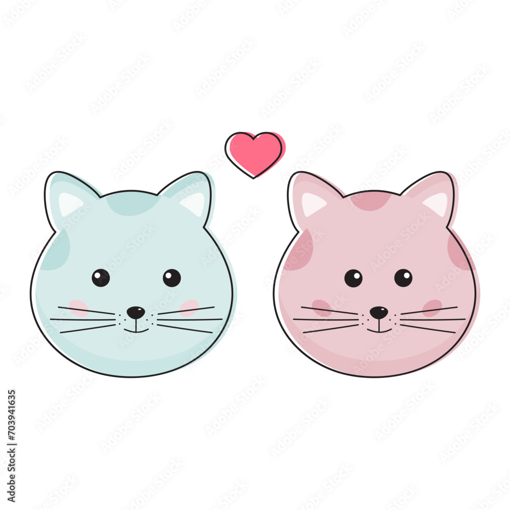 Cute couple of cats, blue and pink cats boy and girl in funny childish kawaii style. Romantic cats in love together. Perfect for Valentines day card, print.