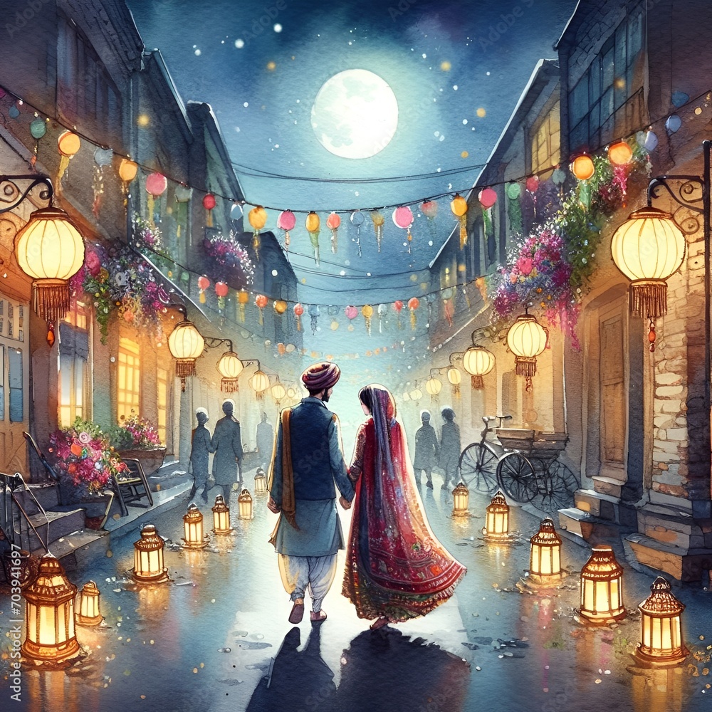 Romantic, man and woman, night full moon watercolor style illustration AI