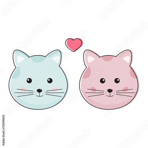 Cute couple of cats, blue and pink cats boy and girl in funny childish kawaii style. Romantic cats in love together. Perfect for Valentines day card, print.