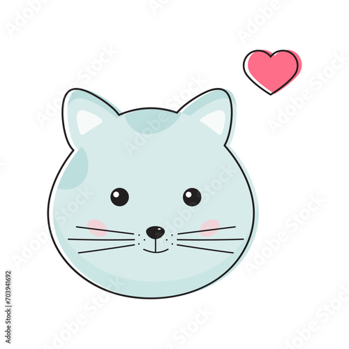 Cute pink cat face in love with heart in kawaii style. Cartoon little pussycat, kitty.