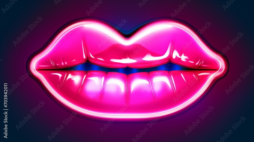 Captivating Retro Neon Lips Sign - A Happy Valentine's Design Element Illuminating Night Celebrations with Passion and Romance