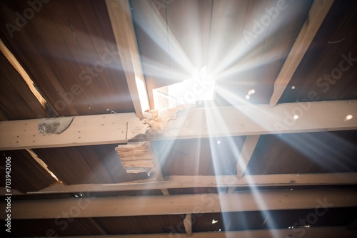 light beam coming through a hole in a haunted house roof photo