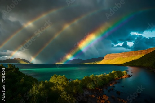 A vibrant rainbow stretching across the sky after a passing rainstorm  framing a breathtaking landscape on the island.