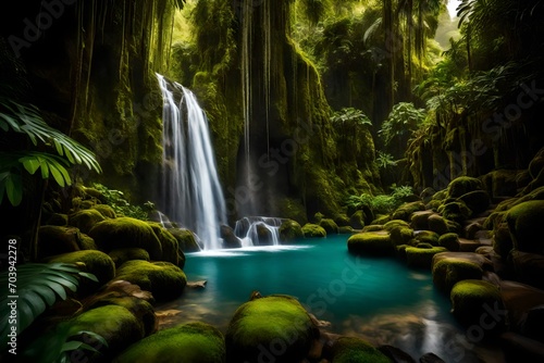A majestic waterfall plunging from a moss-covered cliff into a serene pool, surrounded by dense tropical vegetation.