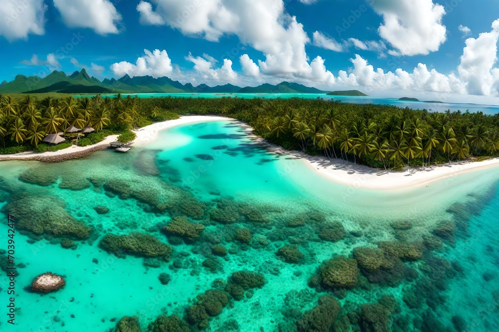 A panoramic view of a turquoise lagoon surrounded by palm trees, white sandy beaches, and vibrant coral reefs teeming with marine life.