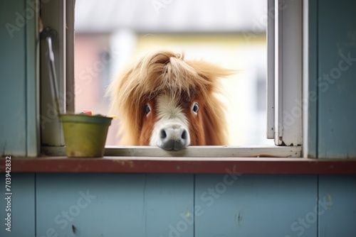 fluffy forelock peering over stable window sill photo