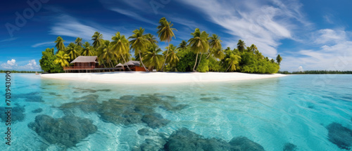 beautiful view of a tropical island with traditional wooden resort buildings, blue sky, expanse of sea, clear water and coconut trees created with Generative AI Technology