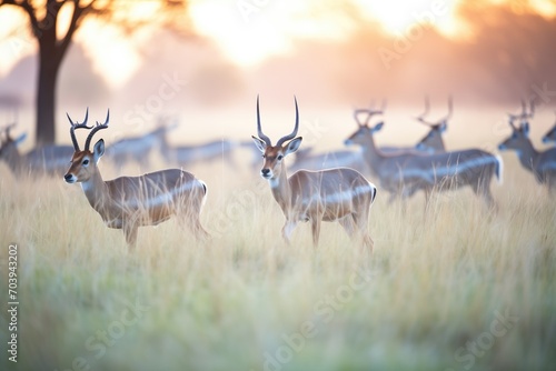 herd of impalas grazing at sunrise, dew shimmering on grass