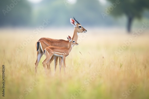 mother impala nudging its young in field